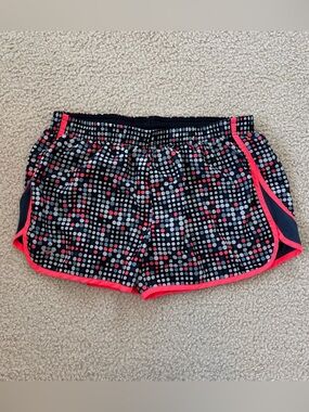 Under Armour Women’s Black Polka Dot Running Shorts with Neon Pink Trim Large